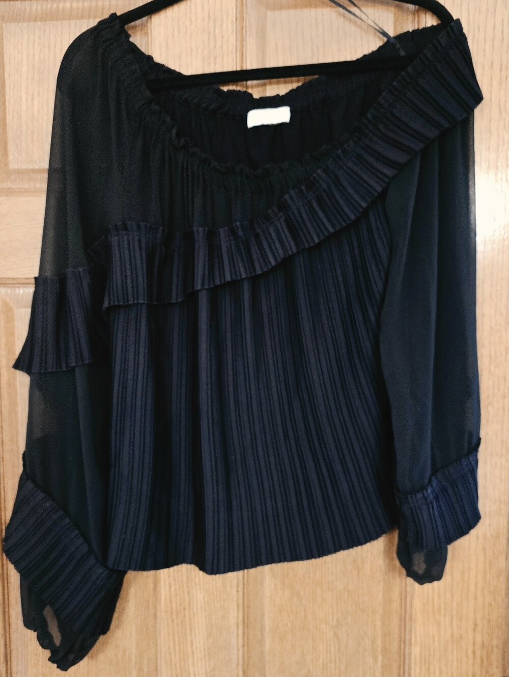 Ramy Brook Black Pleated Ruffle Off-Shoulder Top Large